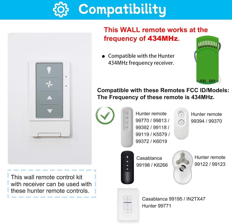 COREBAY Universal Ceiling Fan Wall Remote Control Kits with 80R Receiver, 3 Speeds/Light Dimmer, Compatible with Hampton Bay Harbor Breeze Hunter, Replace for Hunter 99770 99392 99118 99122 99123 99119 99813 - Image 2